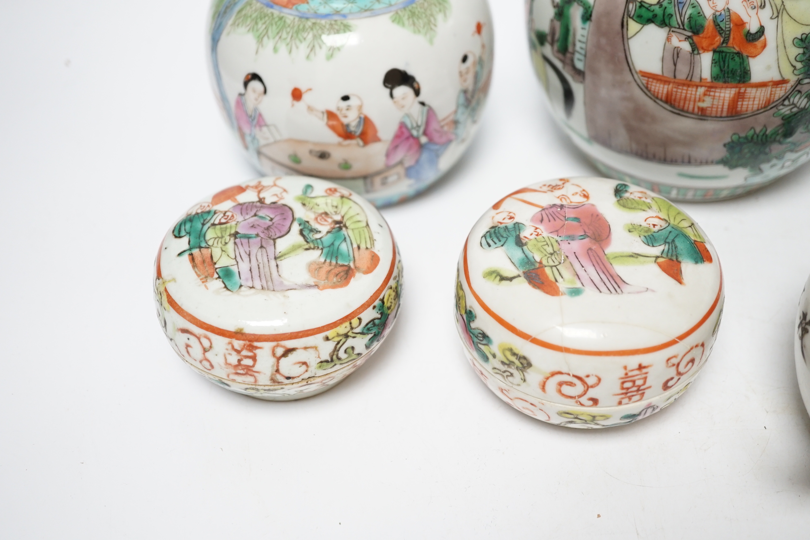 A group of 19th/20th century Chinese famille rose boxes and covers and jars etc., tallest 11.5cm